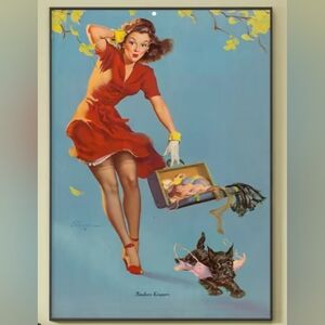 Vintage Lady & Dog Windy Scene on Canvas Art Print